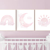 Nursery prints rainbow, Nursery decor girl, nursery wall art, pink nursery, moon, cloud, sun, nursery wall art, pink, nursery wall decor