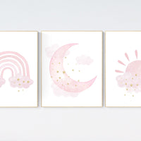 Nursery prints rainbow, Nursery decor girl, nursery wall art, pink gold nursery, moon, cloud, sun, nursery wall decor, pink and gold