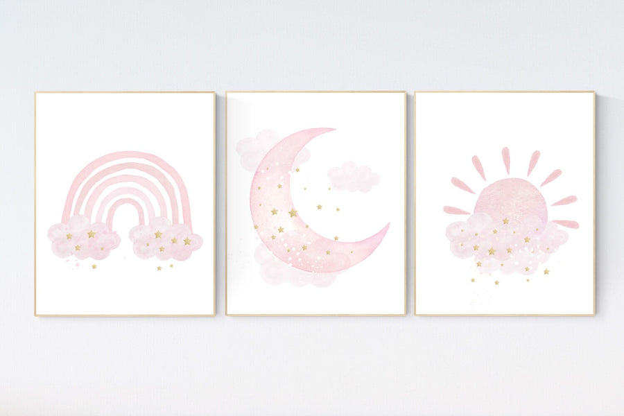 Nursery prints rainbow, Nursery decor girl, nursery wall art, pink gold nursery, moon, cloud, sun, nursery wall decor, pink and gold