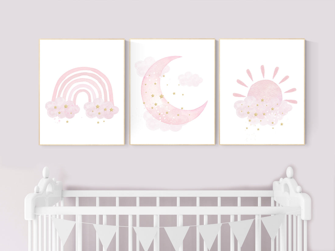 Nursery prints rainbow, Nursery decor girl, nursery wall art, pink gold nursery, moon, cloud, sun, nursery wall decor, pink and gold