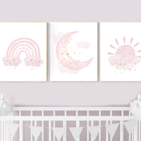 Nursery prints rainbow, Nursery decor girl, nursery wall art, pink gold nursery, moon, cloud, sun, nursery wall decor, pink and gold