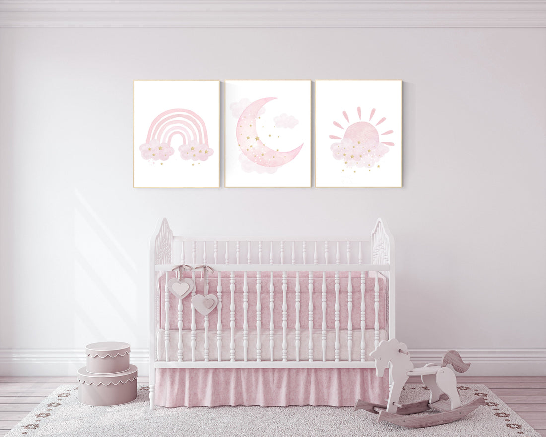 Nursery prints rainbow, Nursery decor girl, nursery wall art, pink gold nursery, moon, cloud, sun, nursery wall decor, pink and gold