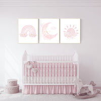 Nursery prints rainbow, Nursery decor girl, nursery wall art, pink gold nursery, moon, cloud, sun, nursery wall decor, pink and gold