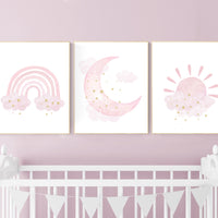 Nursery prints rainbow, Nursery decor girl, nursery wall art, pink gold nursery, moon, cloud, sun, nursery wall decor, pink and gold