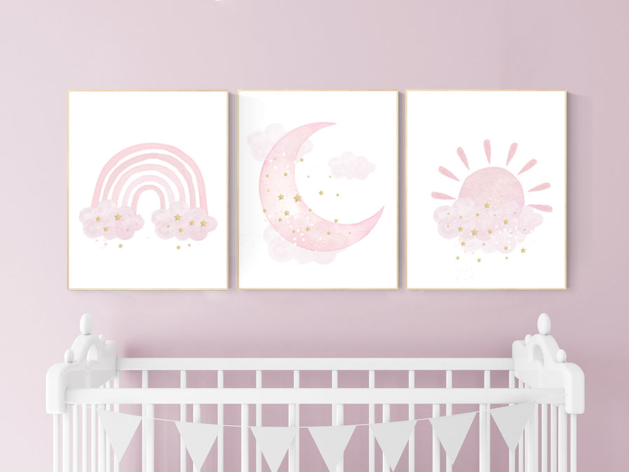 Nursery prints rainbow, Nursery decor girl, nursery wall art, pink gold nursery, moon, cloud, sun, nursery wall decor, pink and gold