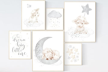 Sheep nursery decor, gray nursery, grey, sheep nursery art, lamb nursery, lamb print, Sheep nursery wall decor, gender neutral, moon, stars