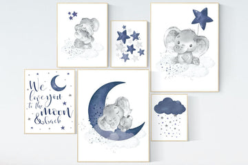 Nursery decor boy elephant, nursery wall art boy, navy Blue, moon and stars, navy nursery, boy nursery decor, elephant nursery art, star