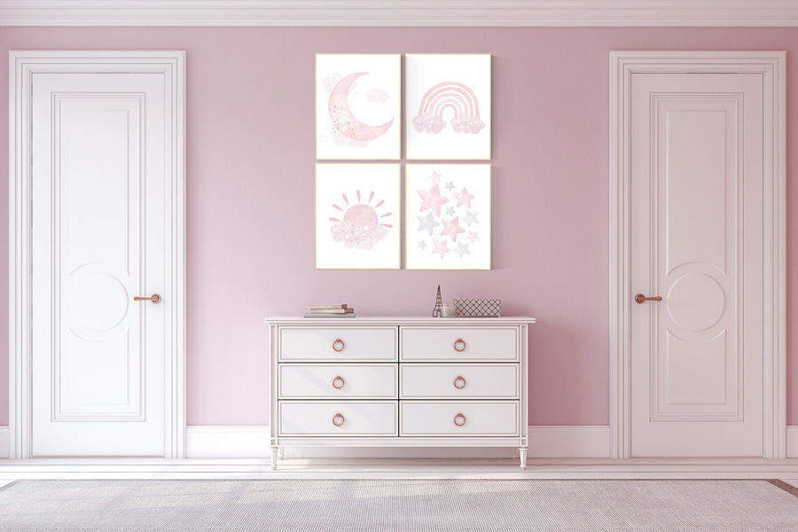 Nursery prints girl, pink grey, rainbow, moon and star, cloud, sun, baby room decor, girl nursery wall art, pink gray, nursery wall decor