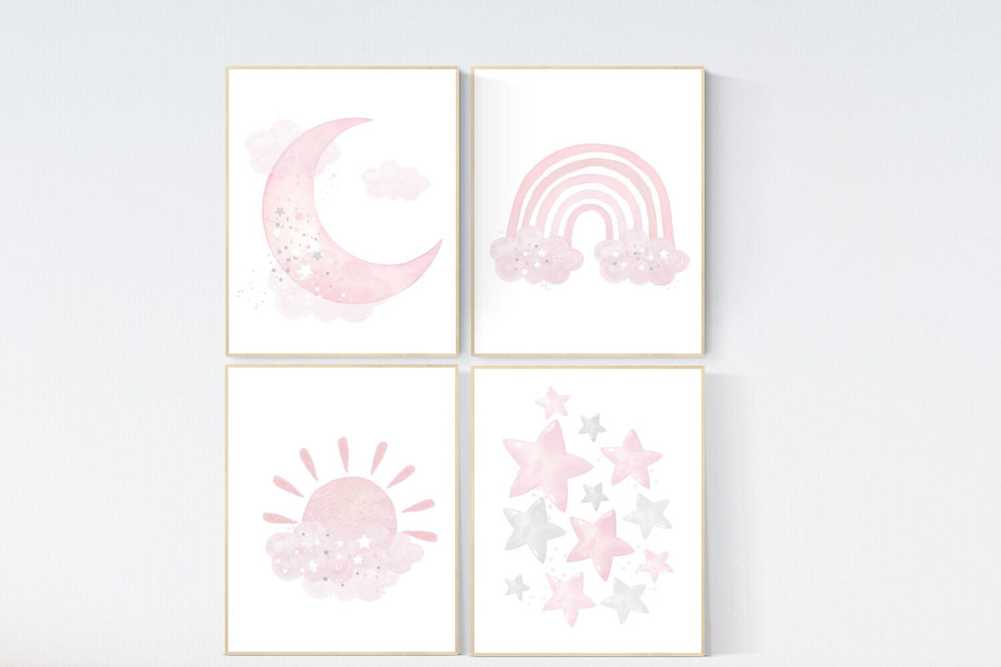 Nursery prints girl, pink grey, rainbow, moon and star, cloud, sun, baby room decor, girl nursery wall art, pink gray, nursery wall decor