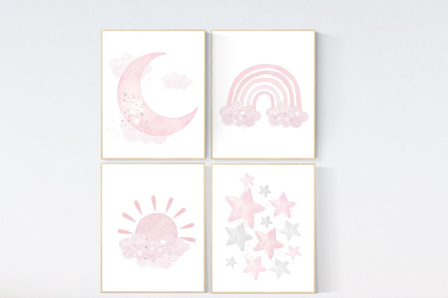 Nursery prints girl, pink grey, rainbow, moon and star, cloud, sun, baby room decor, girl nursery wall art, pink gray, nursery wall decor
