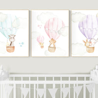 Nursery decor gender neutral, hot air balloon, animal prints, mint, pink, purple, neutral, twins, animal nursery, neutral, elephant, bear