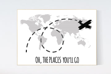 Oh the places you'll go, grey nursery decor, black and white, gray, travel nursery decor, World Map wall art, world map, grey nursery, gray