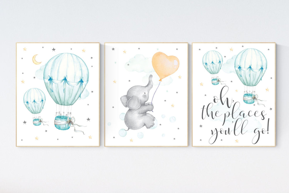 Gender neutral nursery, mint orange, nursery decor elephant, hot air balloon, gender neutral nursery, mint green nursery wall art