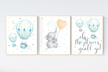 Gender neutral nursery, mint orange, nursery decor elephant, hot air balloon, gender neutral nursery, mint green nursery wall art