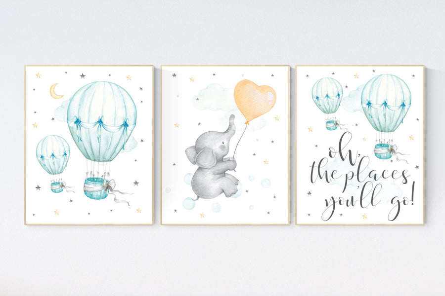 Gender neutral nursery, mint orange, nursery decor elephant, hot air balloon, gender neutral nursery, mint green nursery wall art