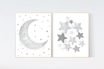 Grey nursery decor, gray nursery decor, moon and cloud nursery decor, grey, moon and stars nursery, gender neutral nursery wall art
