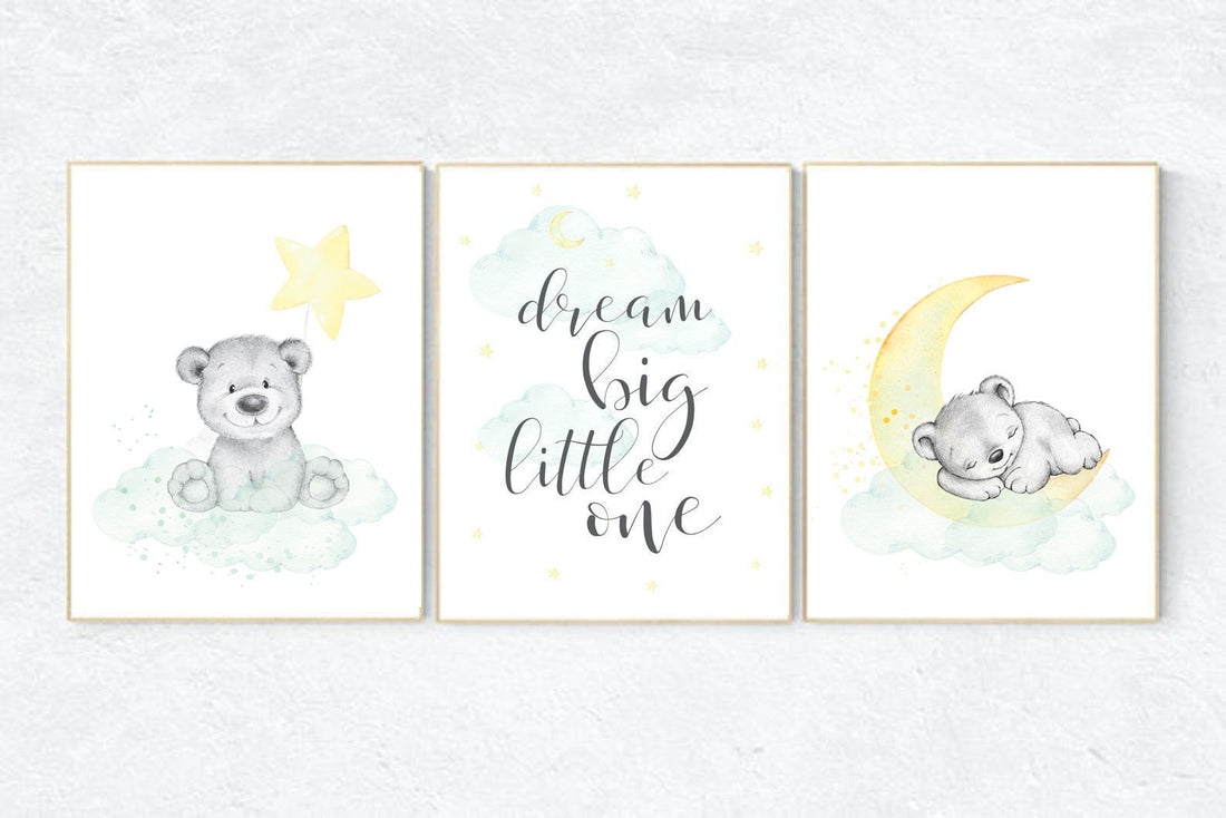 Mint and yellow nursery, bear nursery, nursery wall art neutral, moon and stars, baby room decor, dream big little one, gender neutral