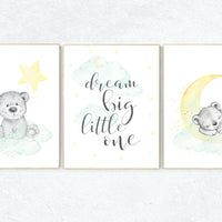 Mint and yellow nursery, bear nursery, nursery wall art neutral, moon and stars, baby room decor, dream big little one, gender neutral