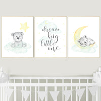 Mint and yellow nursery, bear nursery, nursery wall art neutral, moon and stars, baby room decor, dream big little one, gender neutral