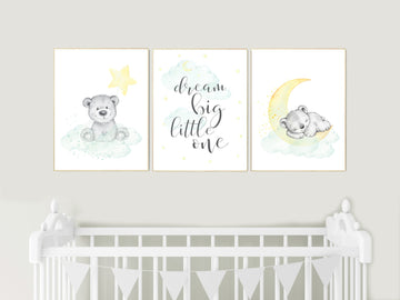 Mint and yellow nursery, bear nursery, nursery wall art neutral, moon and stars, baby room decor, dream big little one, gender neutral