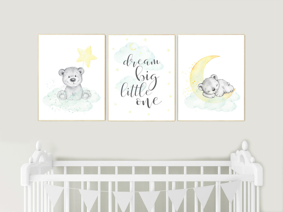 Mint and yellow nursery, bear nursery, nursery wall art neutral, moon and stars, baby room decor, dream big little one, gender neutral