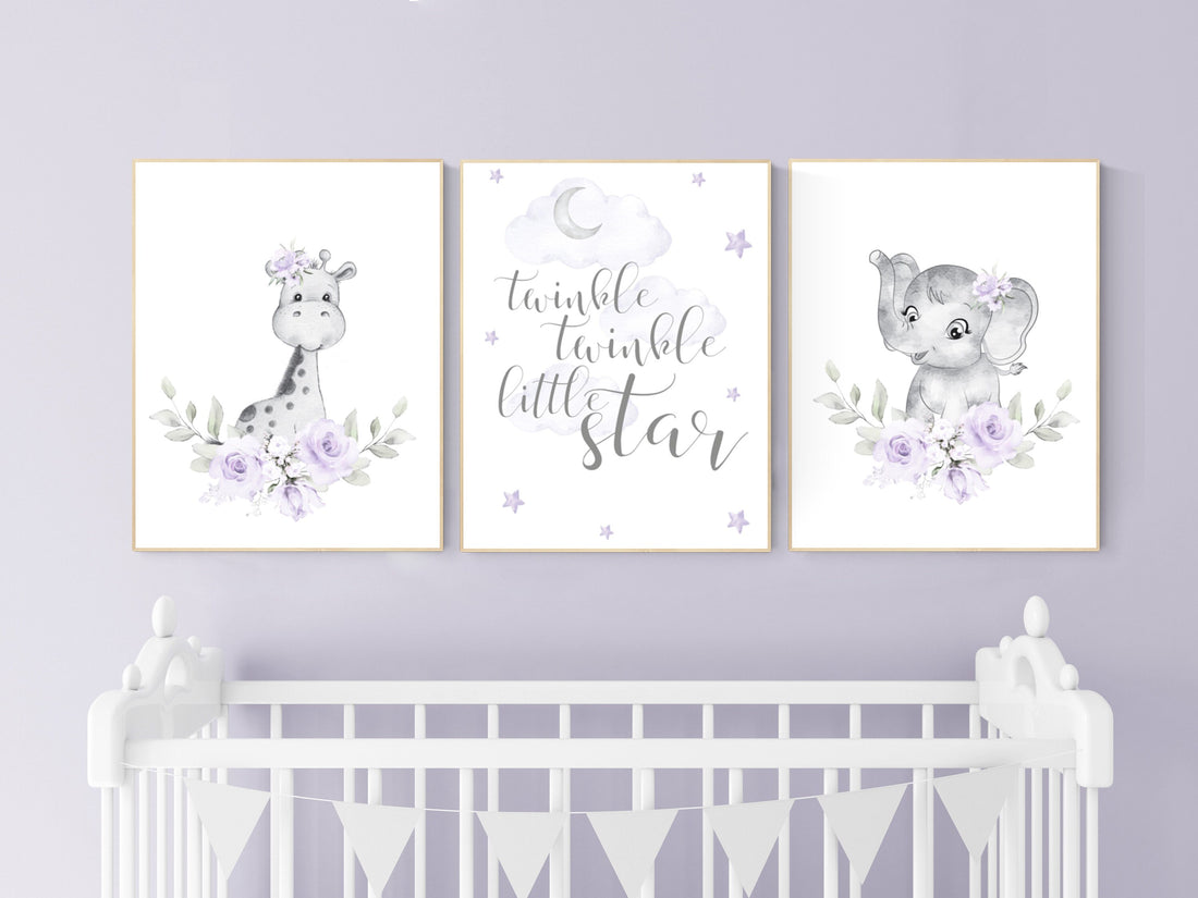 Nursery decor girl boho, Purple nursery, giraffe, elephant, Floral jungle animals, lavender, flower nursery prints, lilac, animal prints