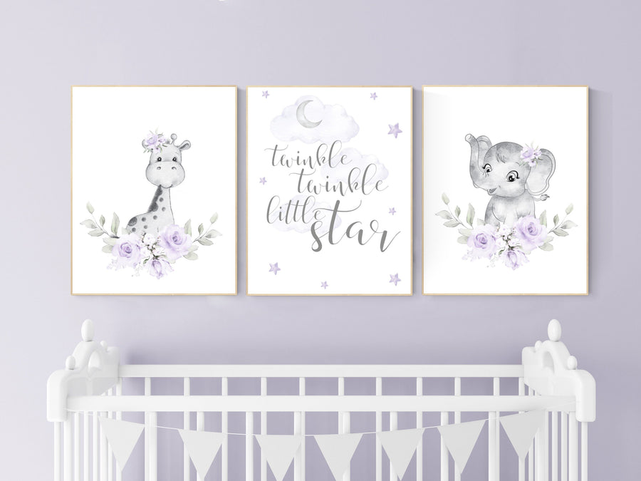 Nursery decor girl boho, Purple nursery, giraffe, elephant, Floral jungle animals, lavender, flower nursery prints, lilac, animal prints
