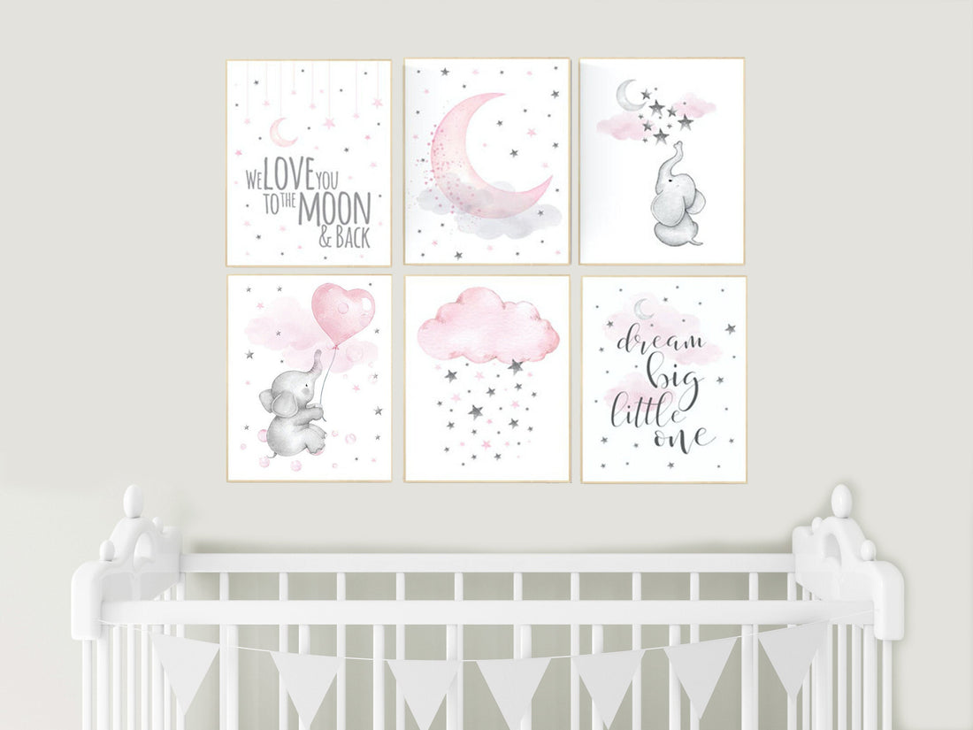Girl nursery decor, pink gray, nursery decor girl elephant, Nursery decor elephant, girl room wall art, baby nursery wall art, moon, stars