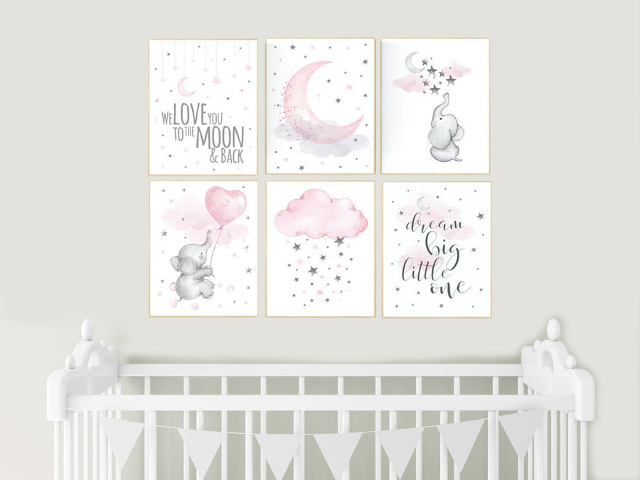 Girl nursery decor, pink gray, nursery decor girl elephant, Nursery decor elephant, girl room wall art, baby nursery wall art, moon, stars