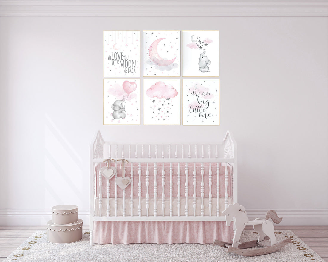 Girl nursery decor, pink gray, nursery decor girl elephant, Nursery decor elephant, girl room wall art, baby nursery wall art, moon, stars