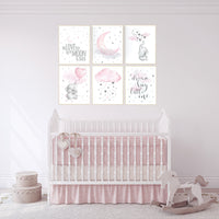Girl nursery decor, pink gray, nursery decor girl elephant, Nursery decor elephant, girl room wall art, baby nursery wall art, moon, stars