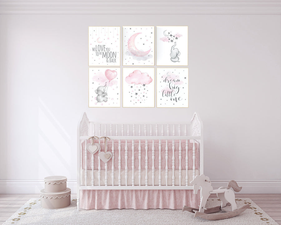 Girl nursery decor, pink gray, nursery decor girl elephant, Nursery decor elephant, girl room wall art, baby nursery wall art, moon, stars