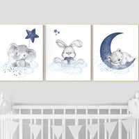 Nursery decor animals, elephant, bunny, bear, animal nursery prints, navy blue nursery, baby room wall decor, woodland animal wall art