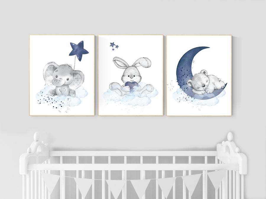 Nursery decor animals, elephant, bunny, bear, animal nursery prints, navy blue nursery, baby room wall decor, woodland animal wall art