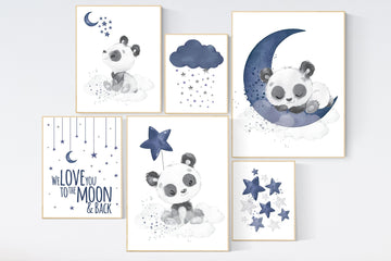 Nursery decor boy panda, nursery wall art boy, navy Blue, moon and stars, navy nursery, boy nursery decor, panda bear, nursery wall decor