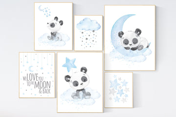 Nursery decor panda, nursery wall art boy, Blue grey, cloud and stars nursery, panda bear nursery art, moon nursery art, baby room wall art