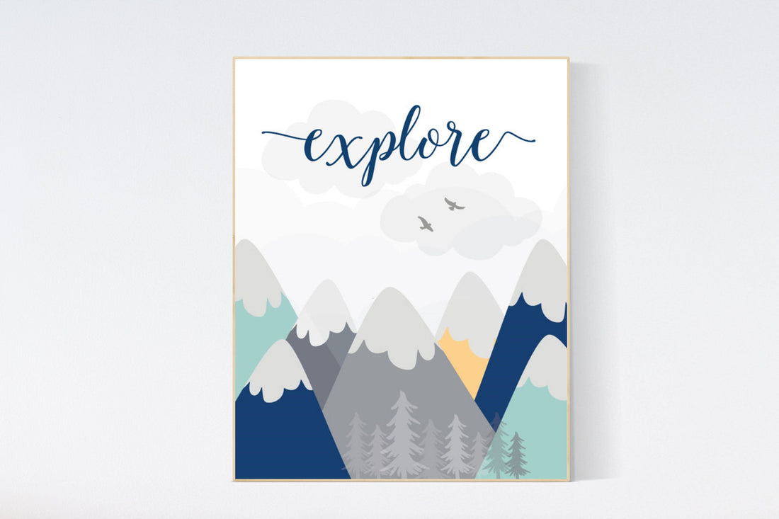 Nursery decor mountain, explore, mountain nursery wall art, woodland, adventure awaits, nursery decor neutral, baby room decor mountains