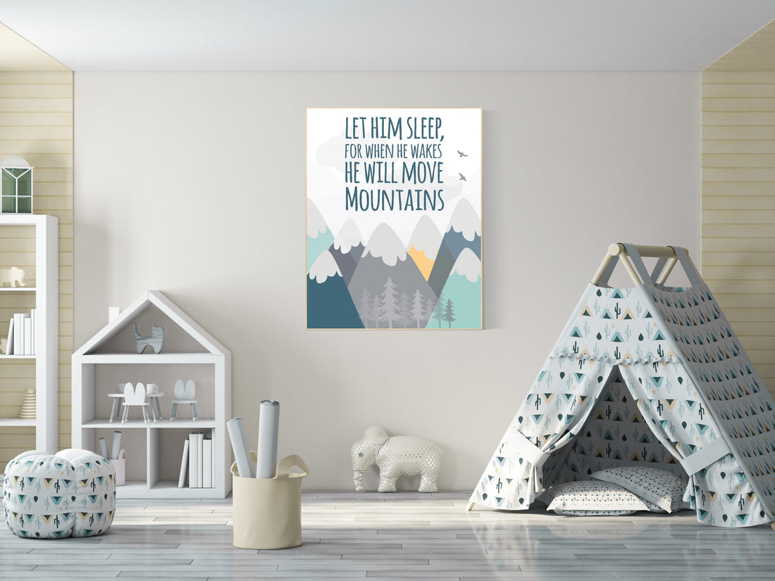 Nursery decor adventure, mountain nursery wall art, woodland, let him sleep for when he wakes, nursery decor neutral, nursery wall decor