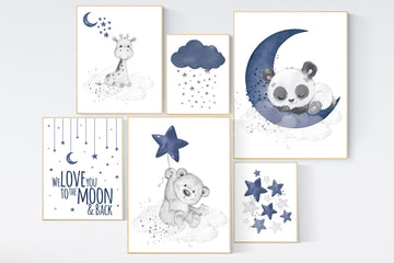 Nursery decor boy bear, giraffe, panda, boy nursery, moon and stars, navy nursery, boy nursery art, we love you to the moon and back