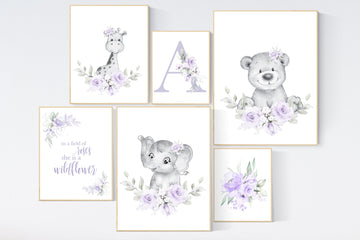 Nursery decor boho, nursery decor girl purple, nursery decor girl floral, elephant, giraffe, bear, name nursery, lilac, lavender, flower