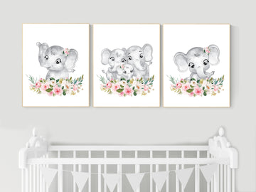 Nursery decor girl boho, elephant nursery wall art, nursery decor girl floral, nursery decor girl woodland, floral nursery, boho nursery