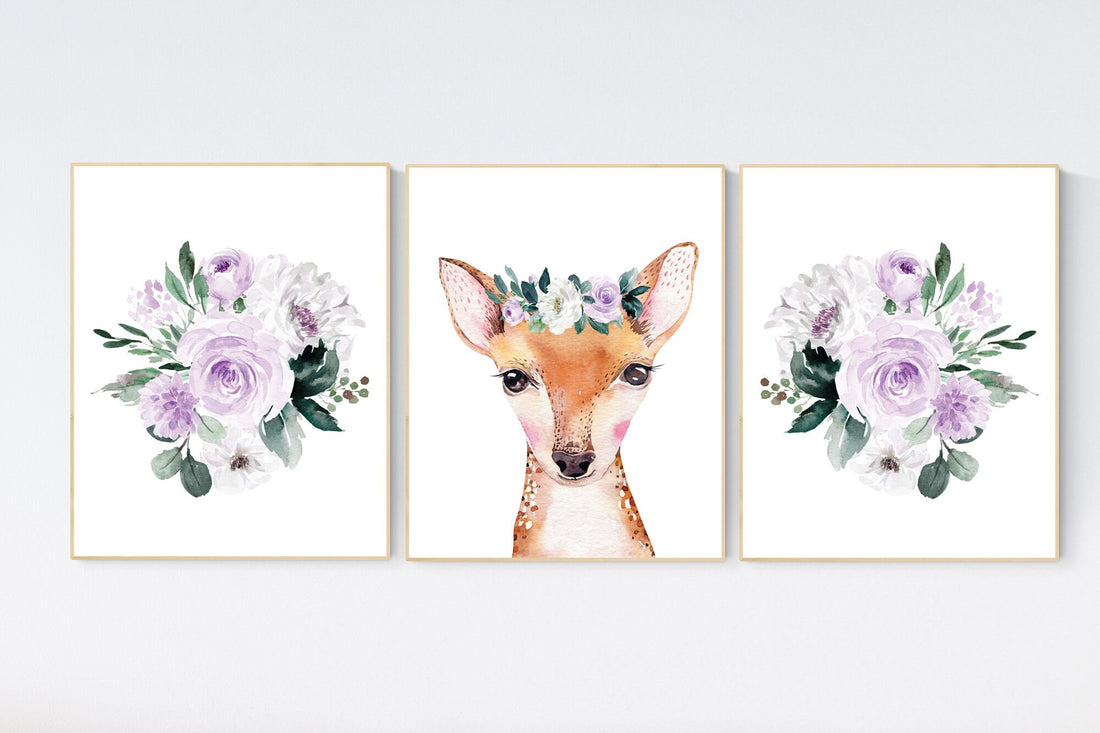 Nursery decor girl flower, purple, woodland animals, boho, nursery decor girl floral, purple nursery decor, floral nursery, deer, animals