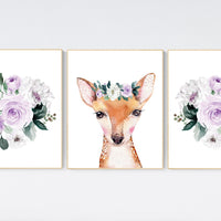 Nursery decor girl flower, purple, woodland animals, boho, nursery decor girl floral, purple nursery decor, floral nursery, deer, animals