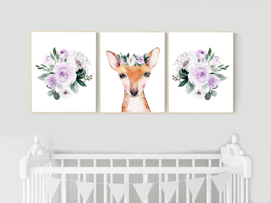 Nursery decor girl flower, purple, woodland animals, boho, nursery decor girl floral, purple nursery decor, floral nursery, deer, animals