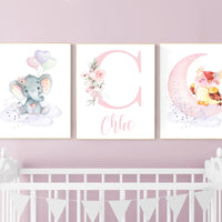 Nursery decor girl animals, nursery decor animals, Nursery wall art girl elephant, owl, pink, purple, girl nursery wall decor, girl name