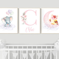 Nursery decor girl animals, nursery decor animals, Nursery wall art girl elephant, owl, pink, purple, girl nursery wall decor, girl name