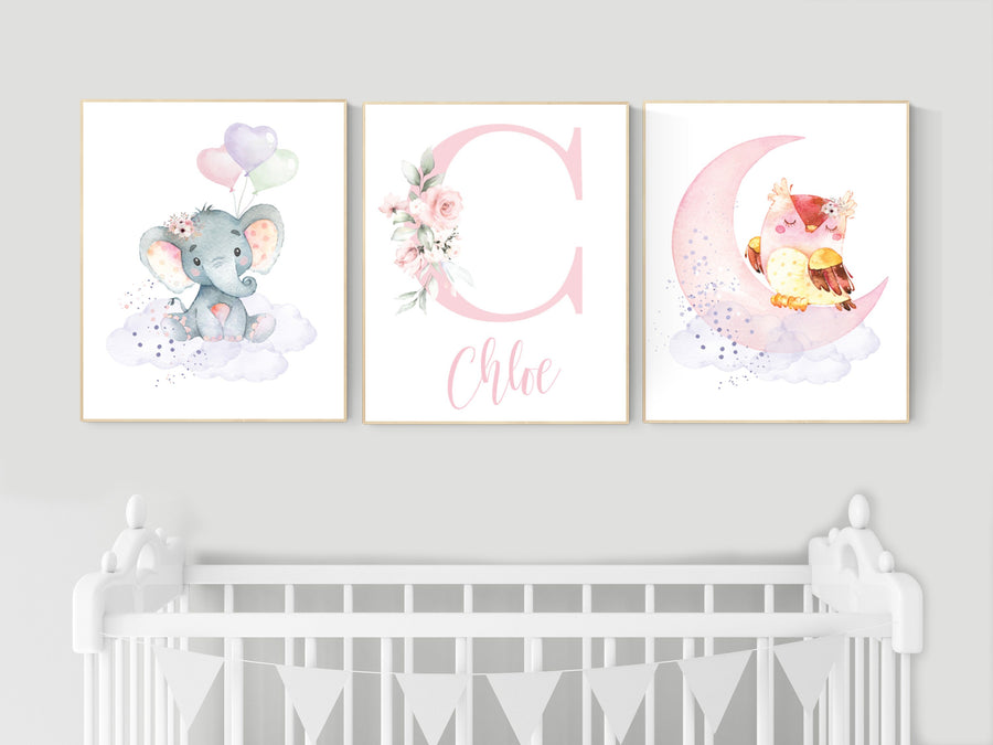 Nursery decor girl animals, nursery decor animals, Nursery wall art girl elephant, owl, pink, purple, girl nursery wall decor, girl name