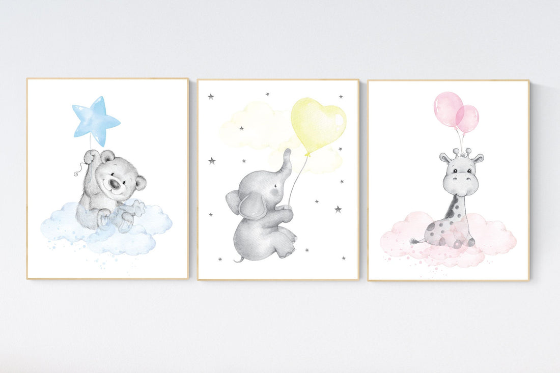 Nursery decor girl, elephant balloon print,  giraffe, bear, elephant wall art, baby girl nursery wall art, animal prints, pink, blue, yellow