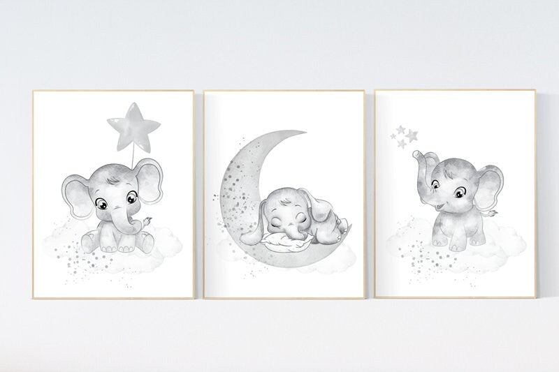 Nursery wall art gender neutral, gray nursery, elephant nursery wall decor, neutral nursery, baby room decor, grey nursery, unisex, twins