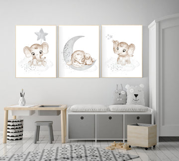 Grey nursery wall decor, gender neutral, elephant nursery wall decor, neutral nursery, baby room decor, gray nursery, unisex, twins